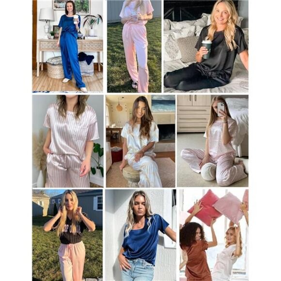 Women's Satin Silky Pajama Set - Short Sleeve Shirt & Long Pants, Soft Summer - Picture 6 of 7